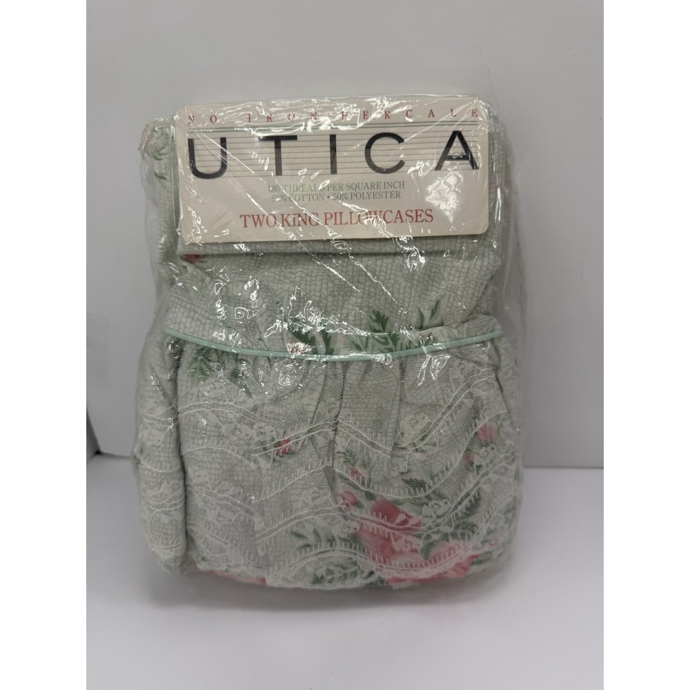 Utica 2 King Pillowcases Maiden Lace Ruffle Rose Floral Vintage No Iron Percale